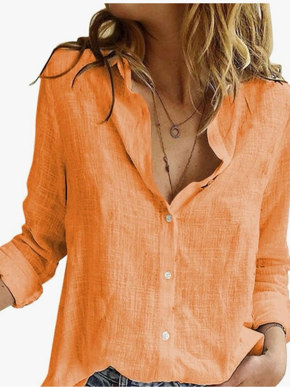 Linen Orange Button-Down Linen Top